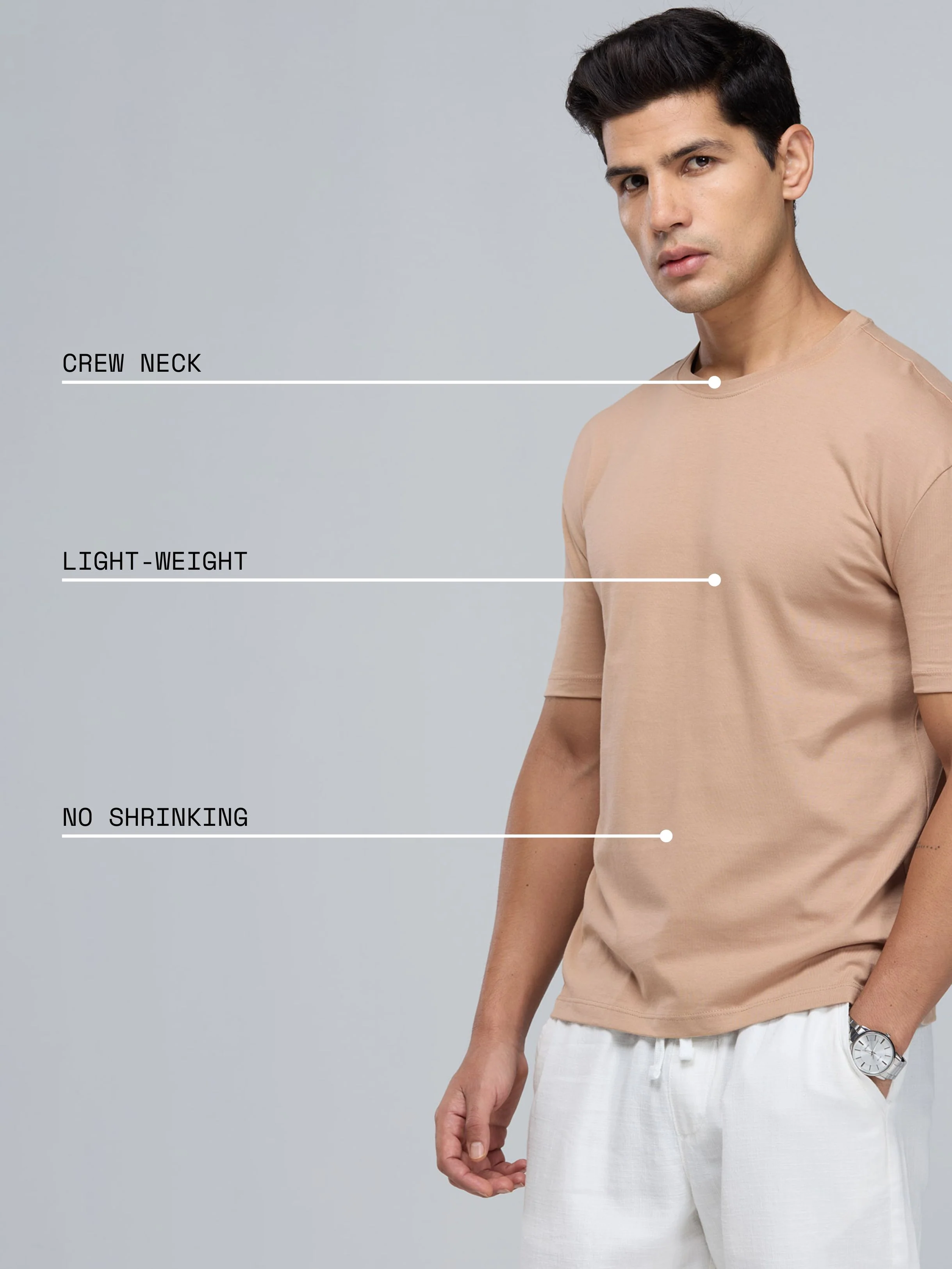 Beige Supima Crew Neck T-shirt - Relaxed Fit - Image 3