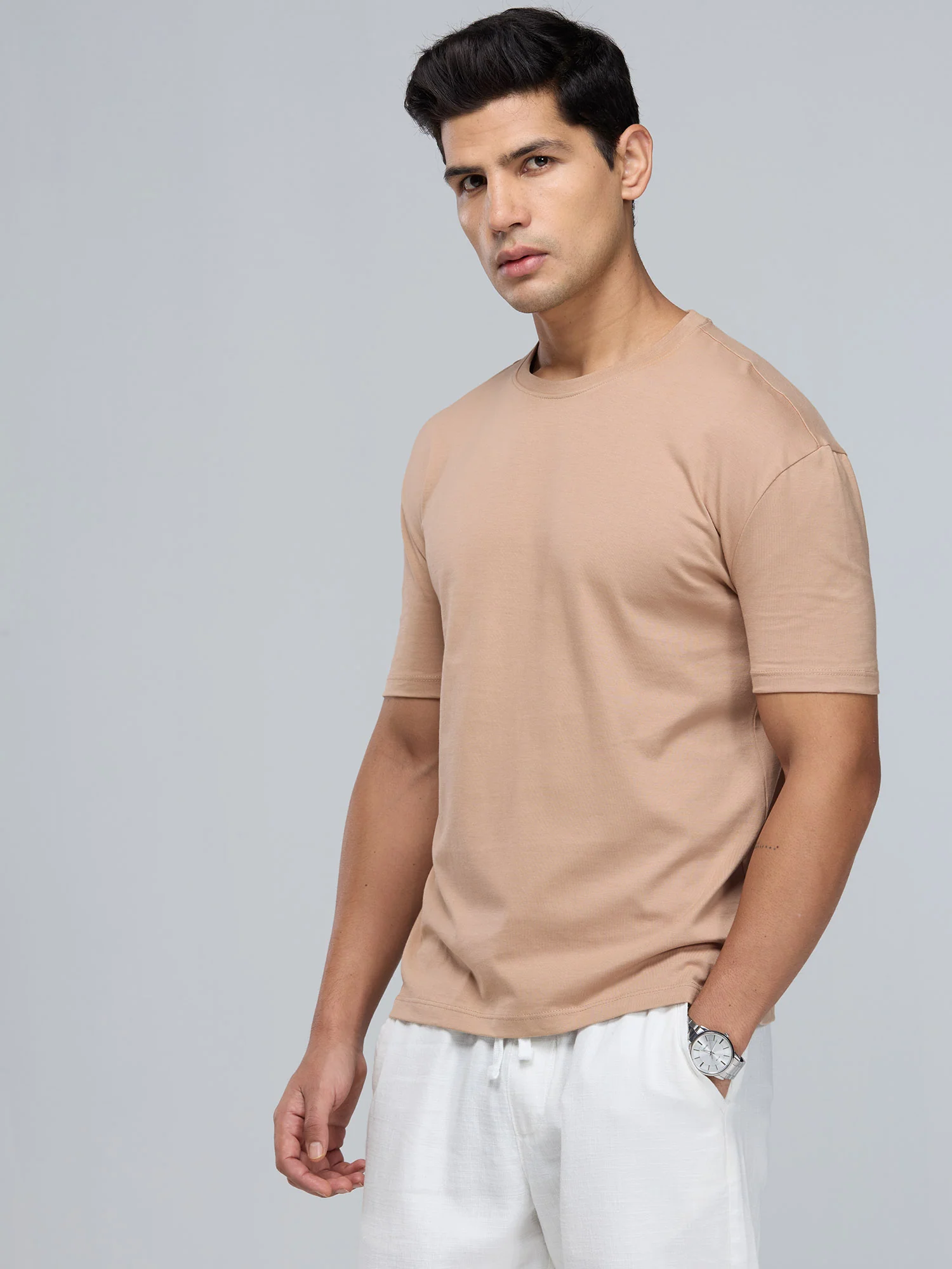 Beige Supima Crew Neck T-shirt - Relaxed Fit - Image 7