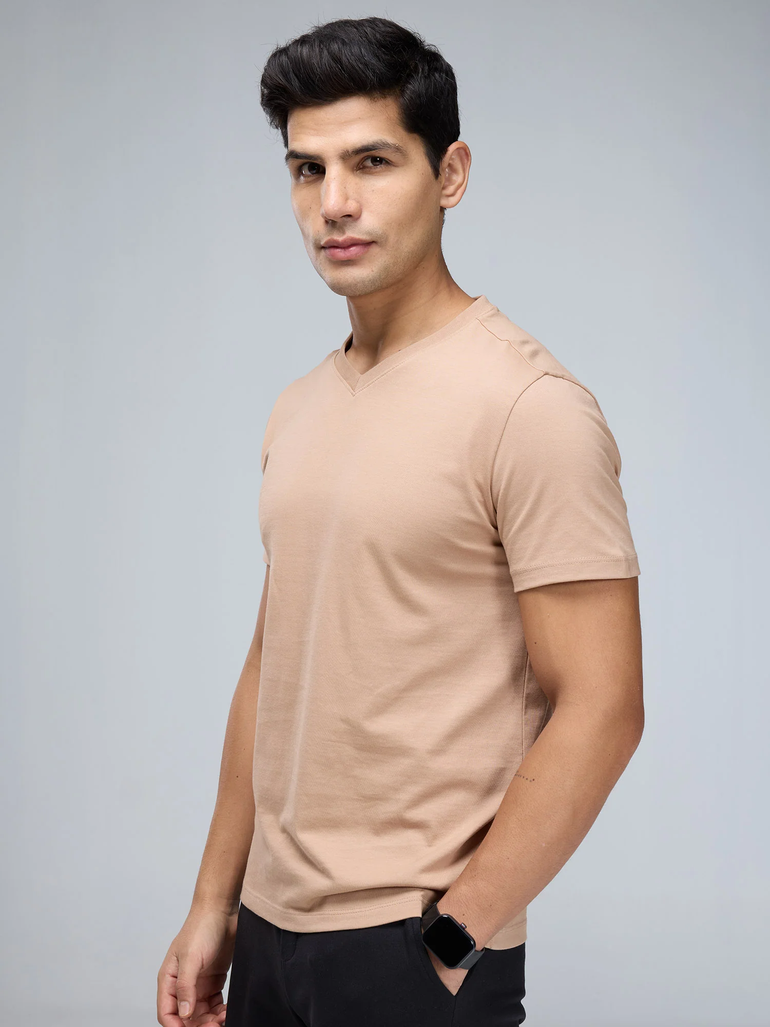 Beige Supima V Neck T-shirt - Regular Fit - Image 10