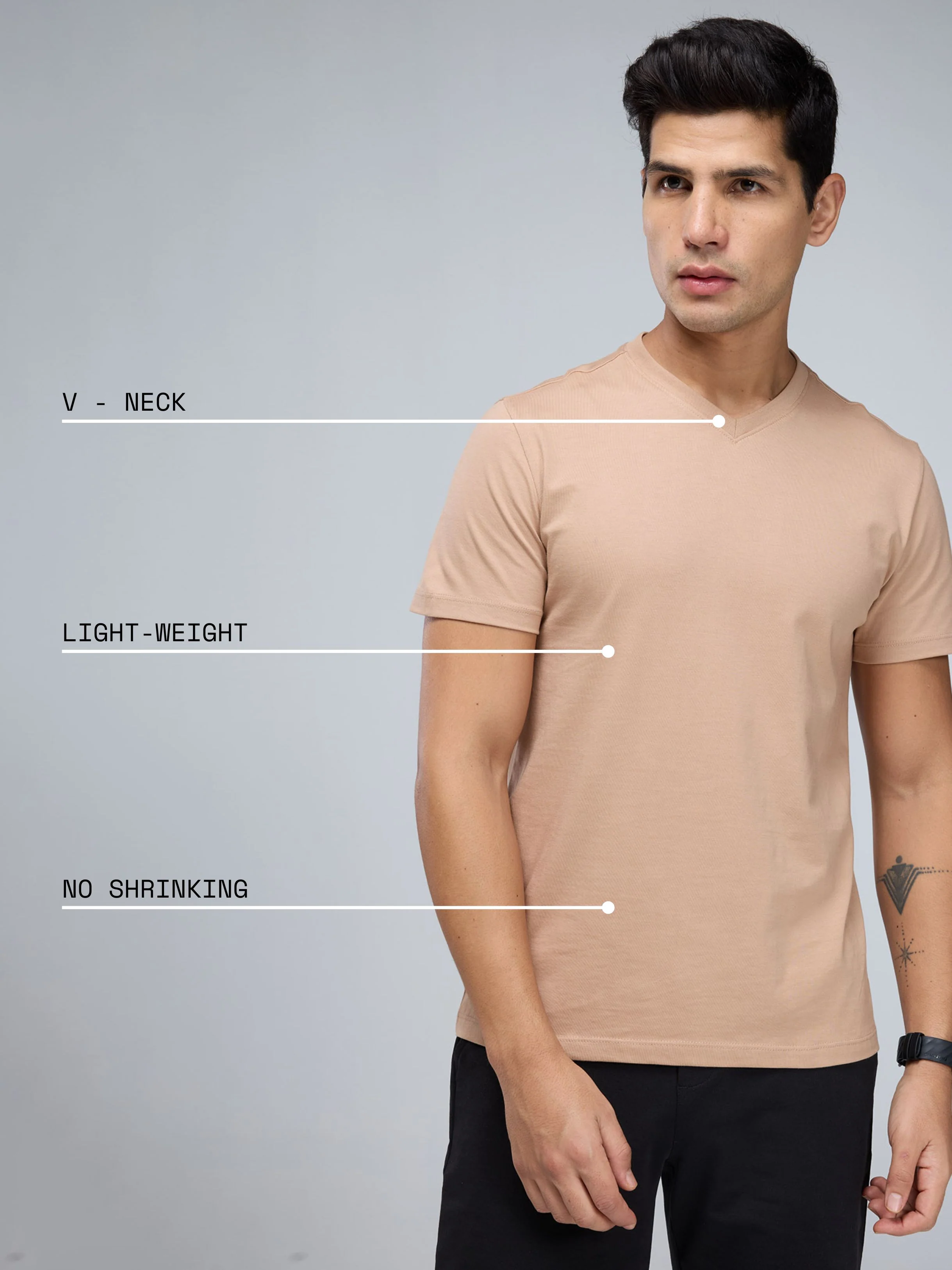 Beige Supima V Neck T-shirt - Regular Fit - Image 4
