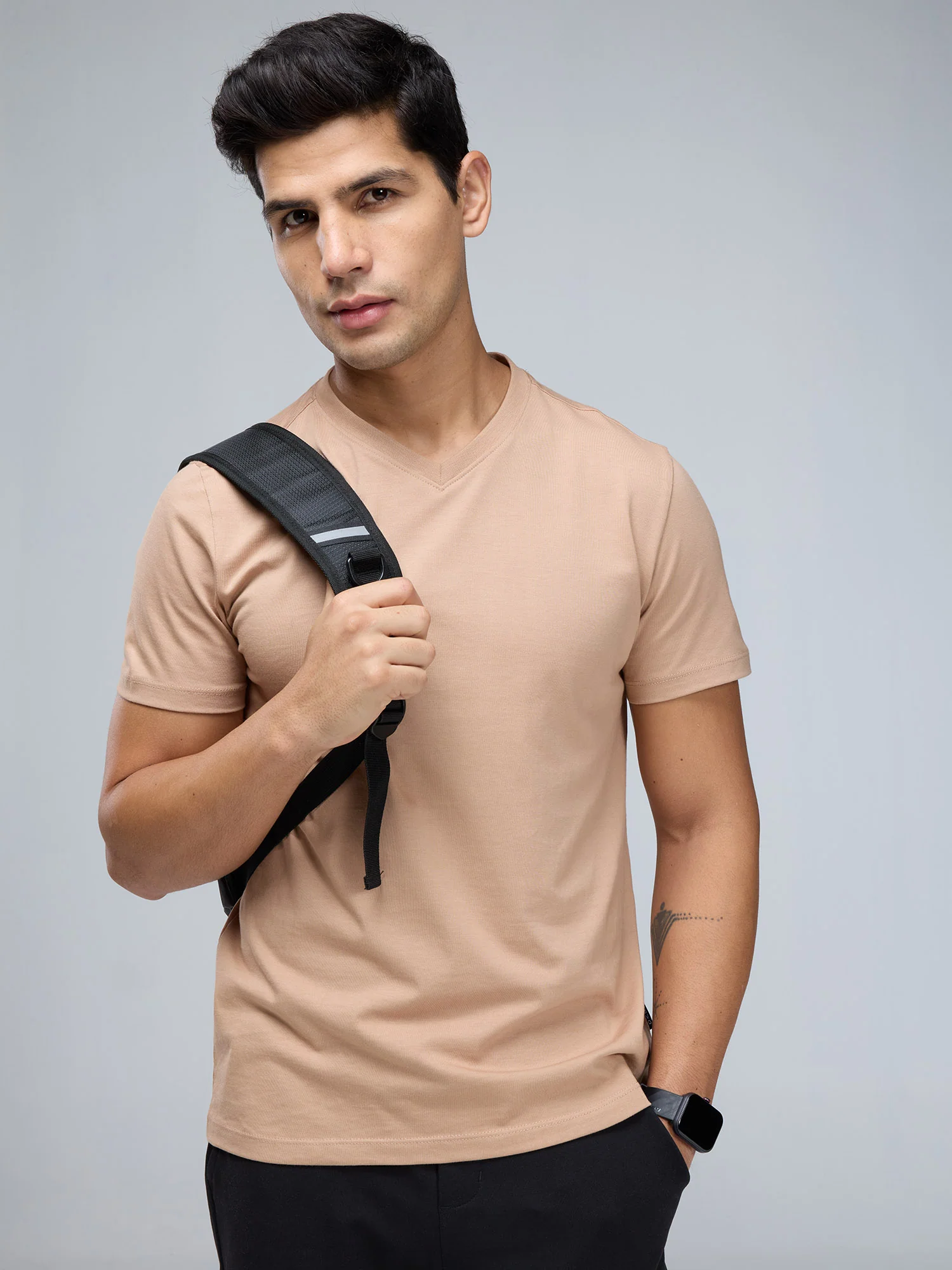 Beige Supima V Neck T-shirt - Regular Fit - Image 8