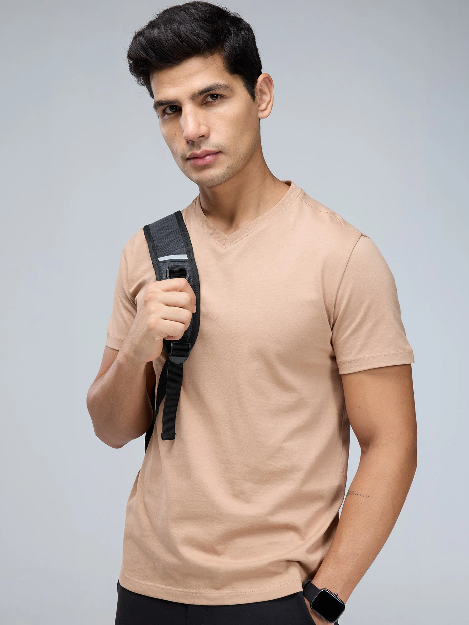 Beige Supima V Neck T-shirt - Regular Fit - Image 9