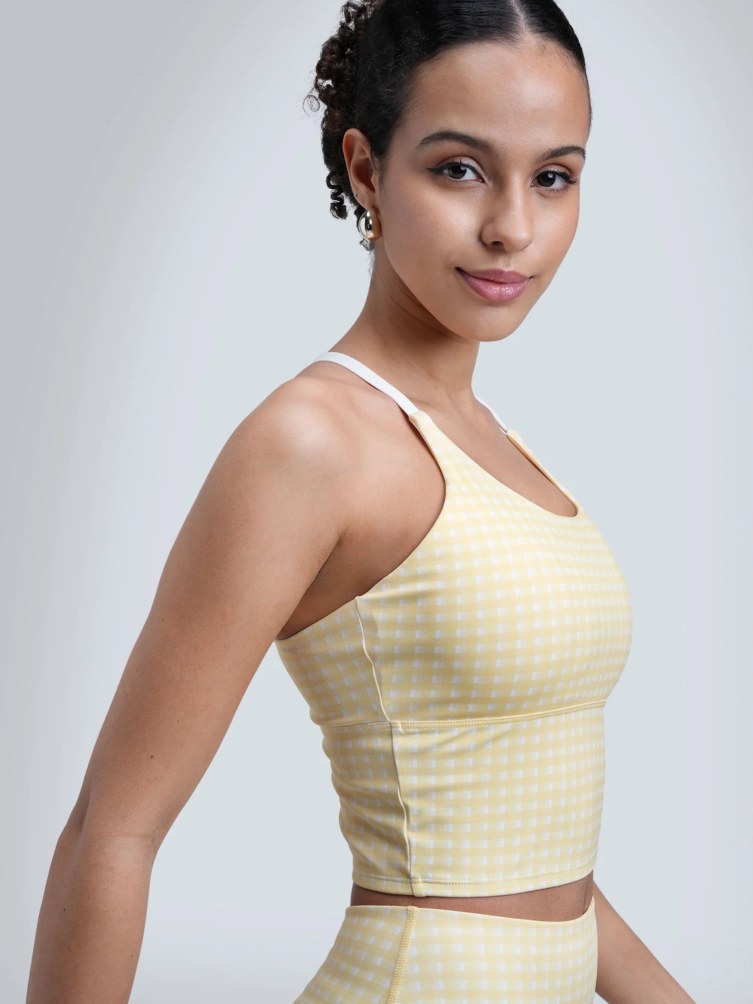 Butter Yellow Gingham Cross Back Sports Bra - Image 6