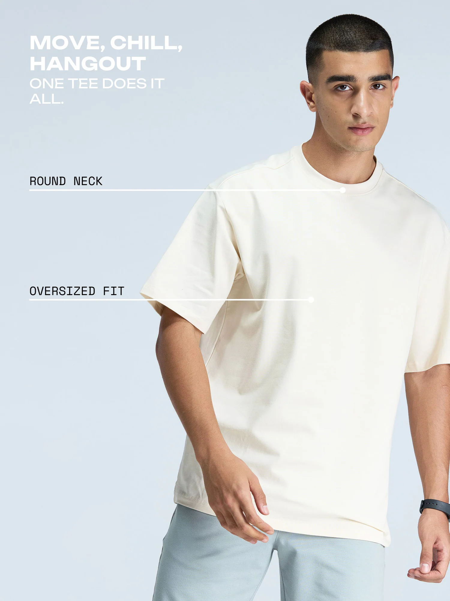 Cream Solid Oversized Tee - Men - Image 3