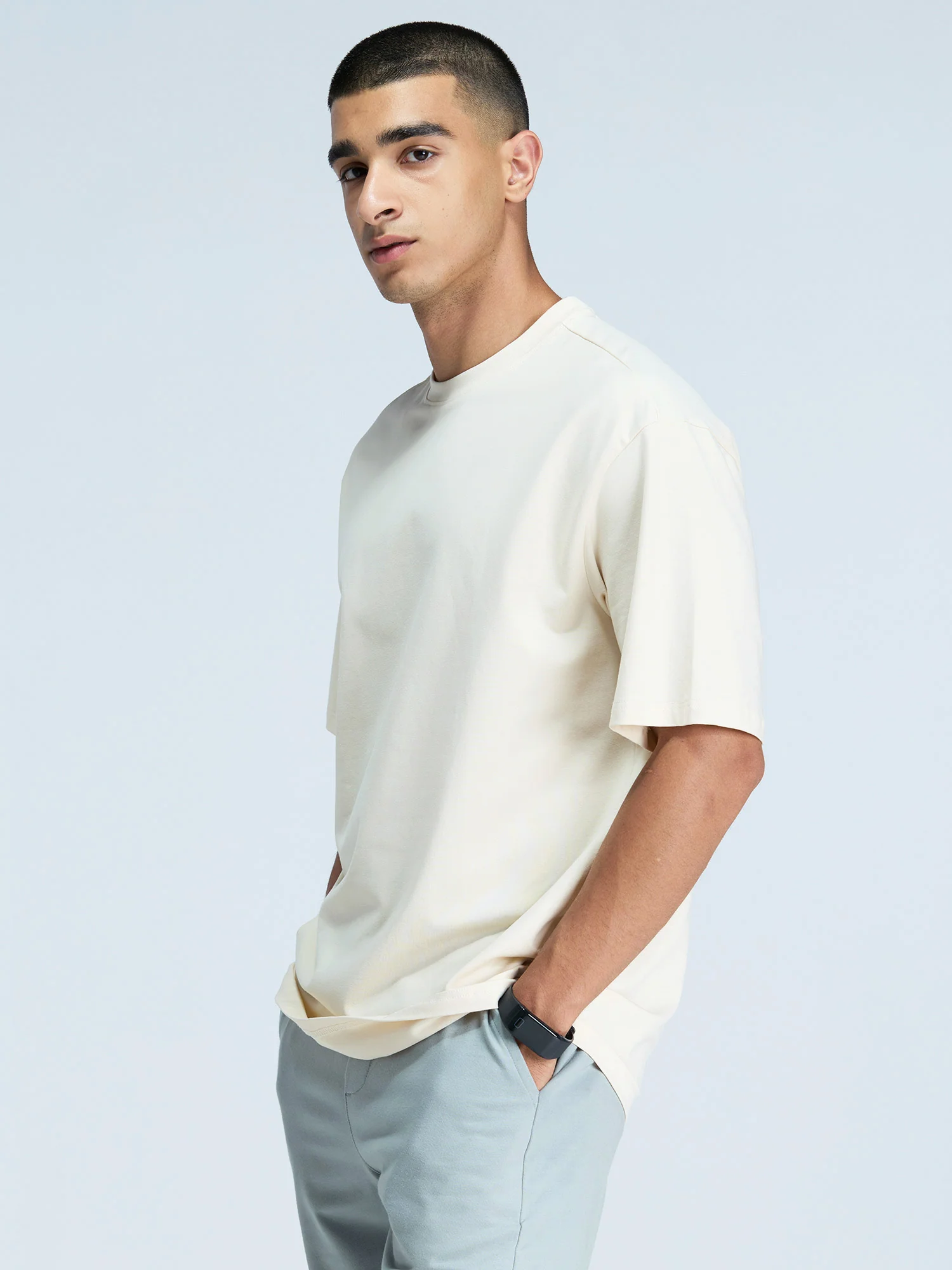 Cream Solid Oversized Tee - Men - Image 5