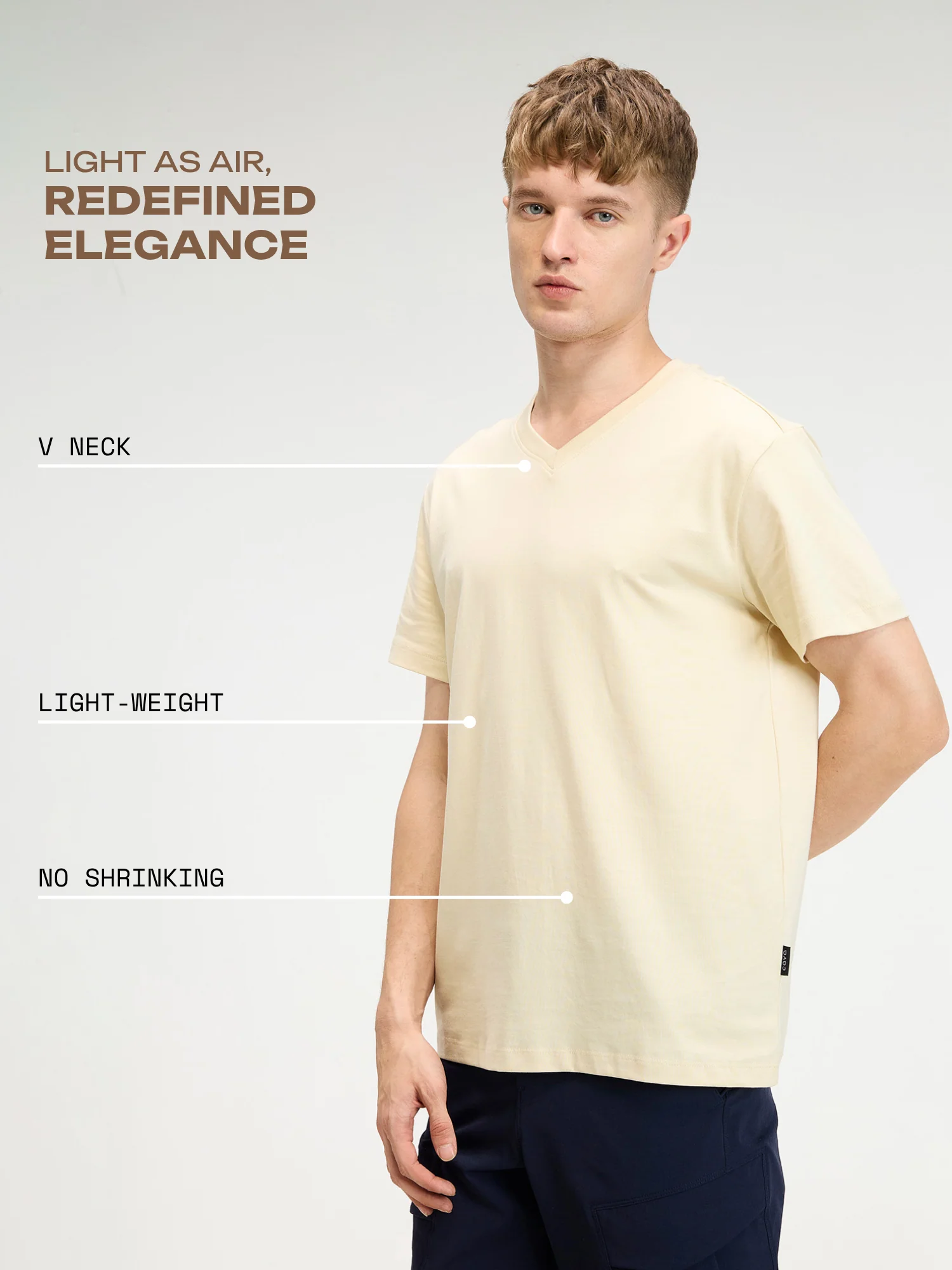 Cream Supima V Neck T-Shirt - Regular Fit - Image 3