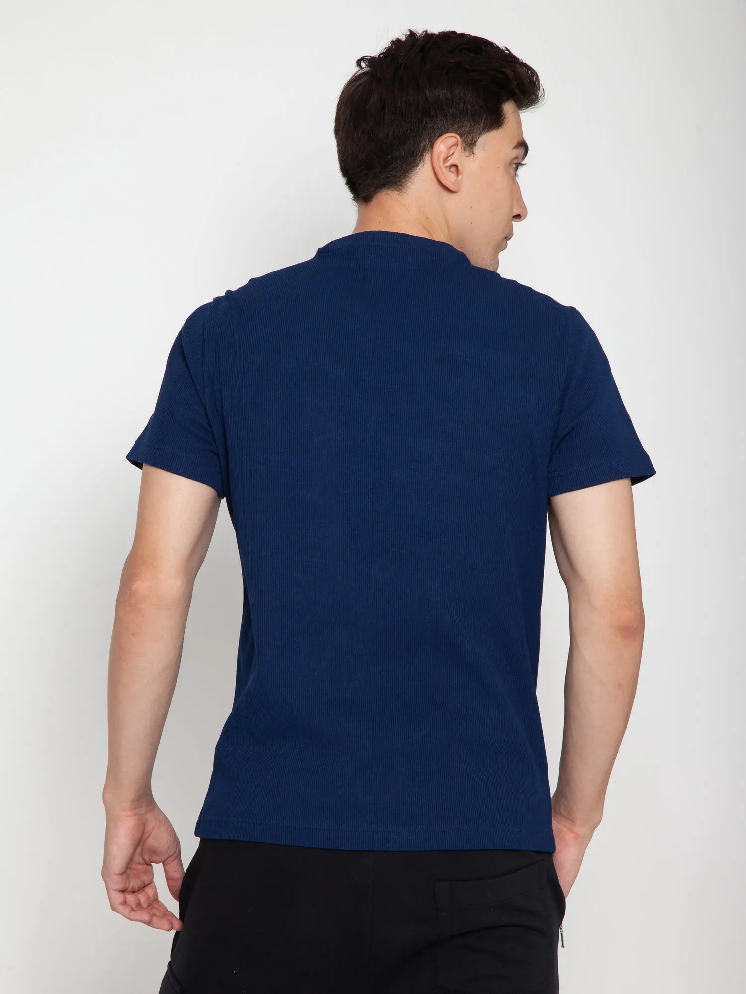 Navy Ribbed Round Neck Tee - Image 5