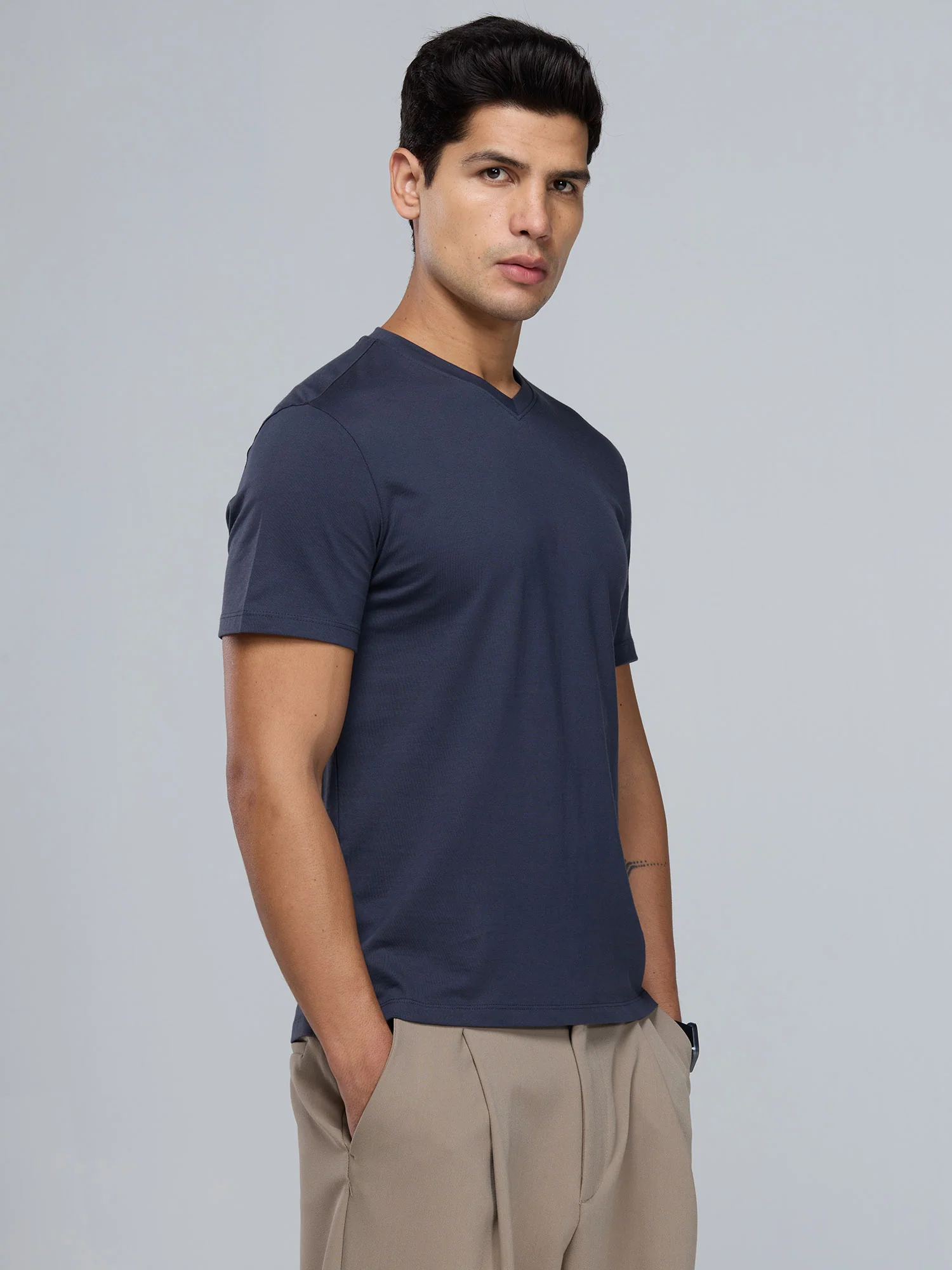 Navy Supima V Neck T-shirt - Regular Fit - Image 10