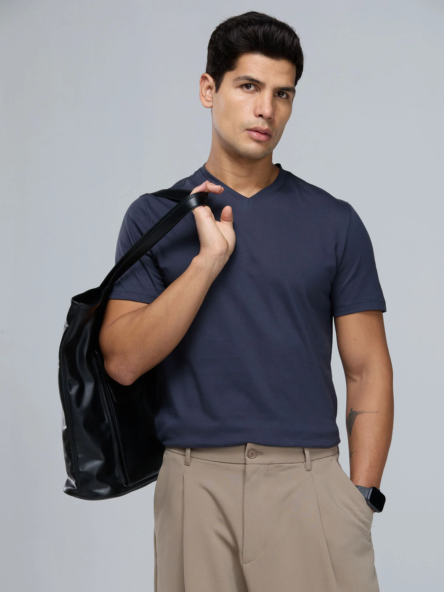 Navy Supima V Neck T-shirt - Regular Fit - Image 9
