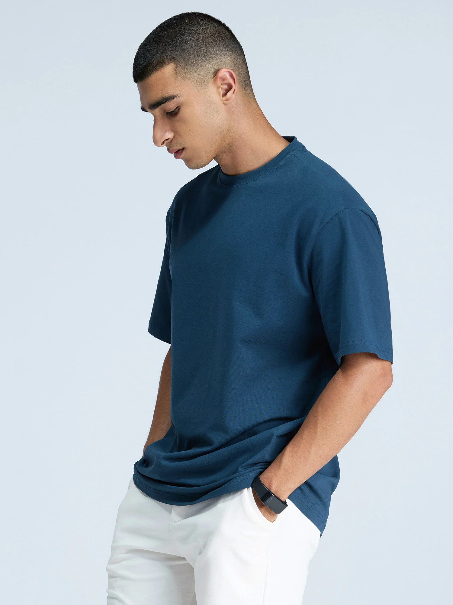 Steel Blue Solid Oversized Tee - Men - Image 7